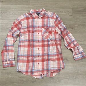 Eddie Bauer Red, Peach and White Plaid Button-Down Shirt